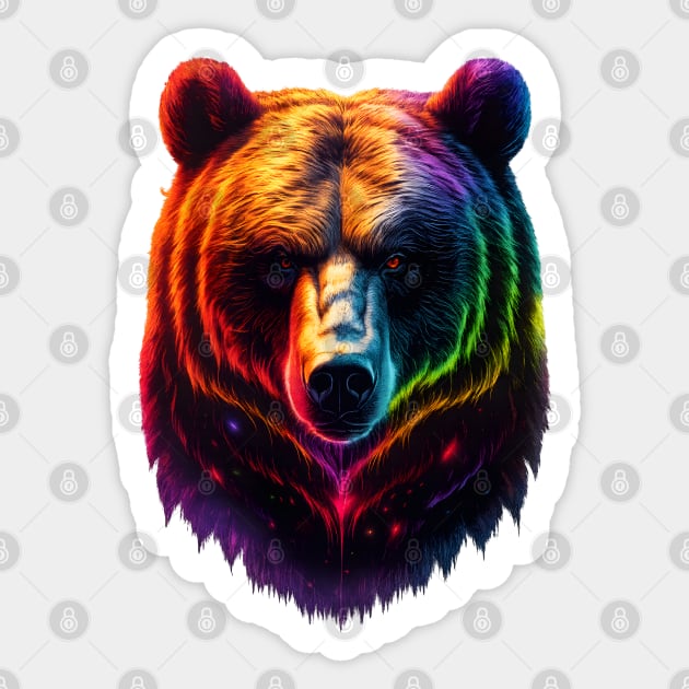 Pride Rainbow Bear Face - LGBTQ Bear in Neon Cosmic Colors Sticker by WarFX Designs